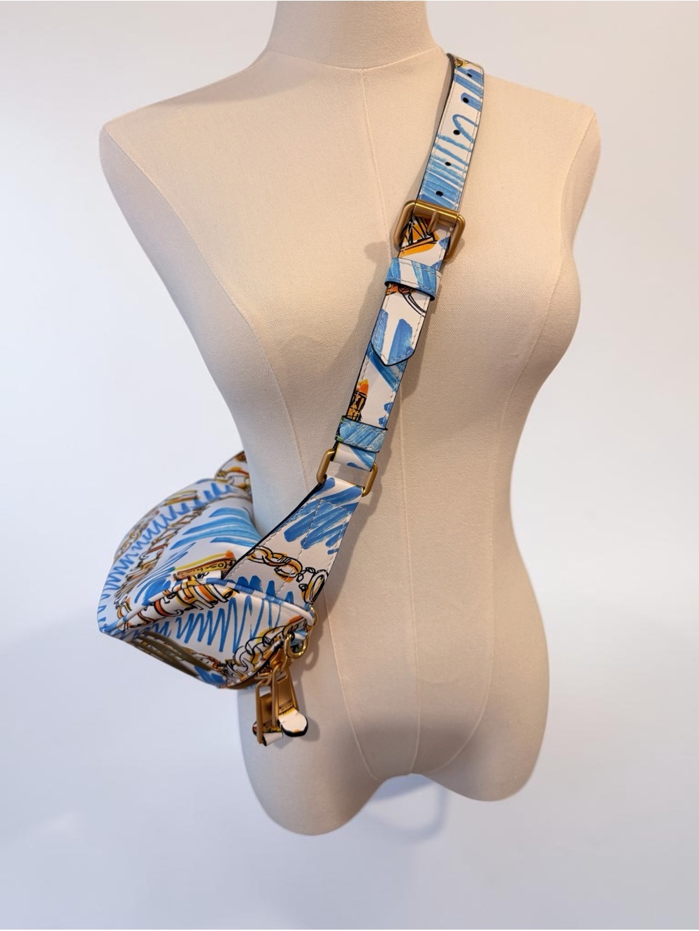 Moschino Blue & White, Chain Print Crossbody Belt Bag w Gold Logo-Runway 2019